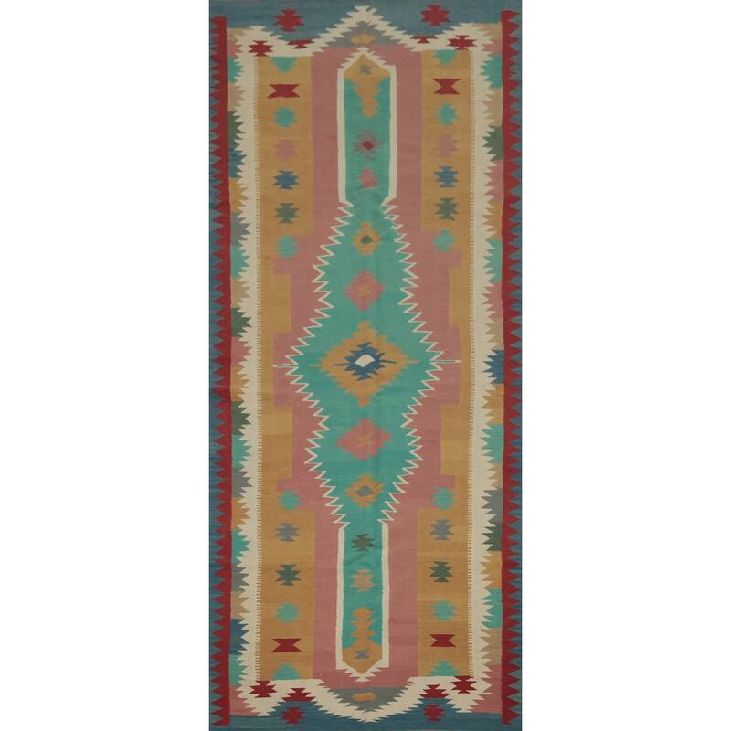 Hand Woven Oriental 100% Wool Carpet Southwestern Tribal Multi-Colored Kilim Runner Rug - 14' 6'' X 4' 9''