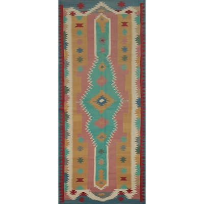 Hand Woven Oriental 100% Wool Carpet Southwestern Tribal Multi-Colored Kilim Runner Rug - 14' 6'' X 4' 9''