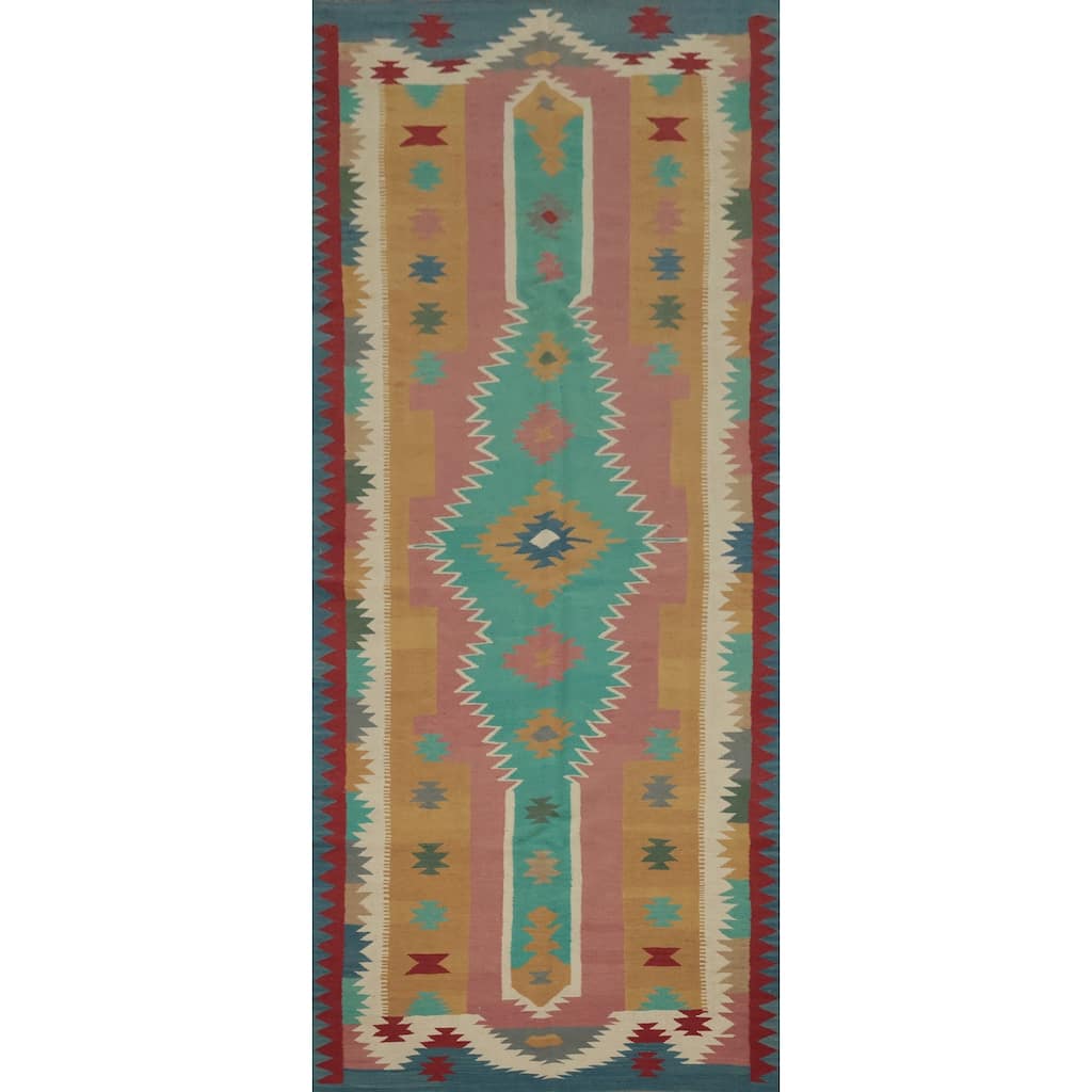 Hand Woven Oriental 100% Wool Carpet Southwestern Tribal Multi-Colored Kilim Runner Rug - 14' 6'' X 4' 9''