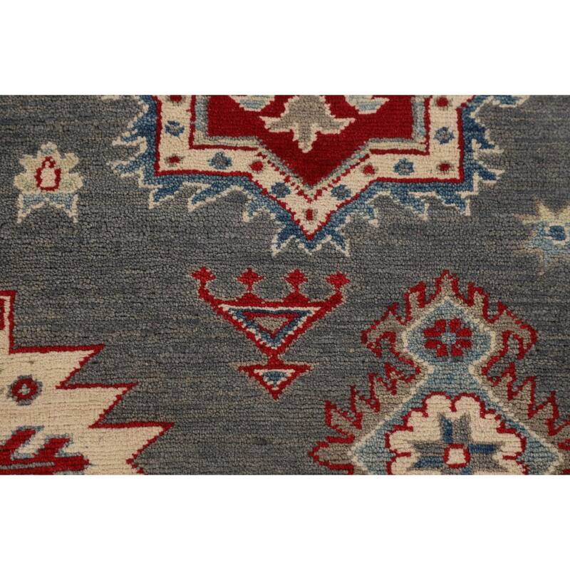 Hand Knotted Oriental 100% Wool Carpet Traditional Geometric Greys & Charcoal Kazak Area Rug - 9' 6'' X 6' 11''