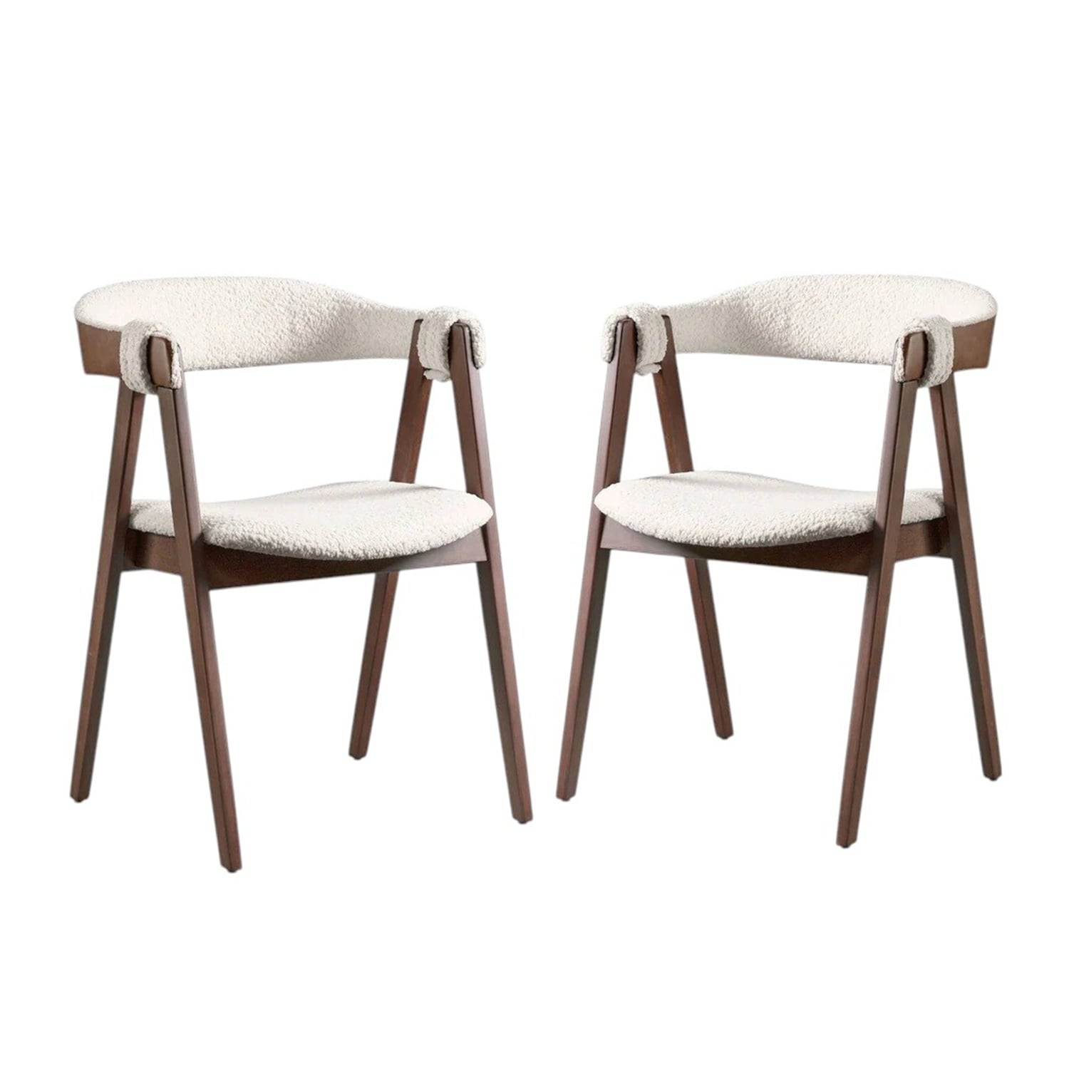 Set of 2 Boucle Upholstered Stools in Walnut and Beige