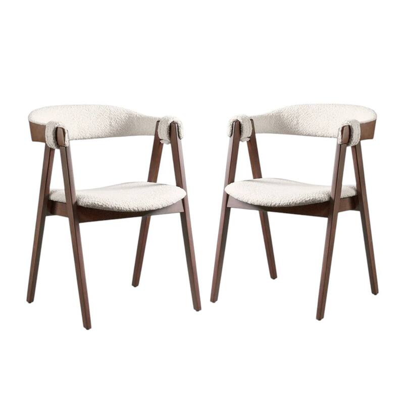 Set of 2 Boucle Upholstered Stools in Walnut and Beige - Dining Height