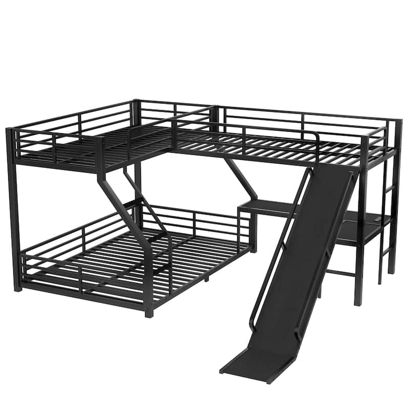 Roomfitters L-Shaped Twin over Queen/Full Metal Triple Bunk Bed with Twin Loft, Slide & USB Ports, Space-Saving Noise-Free Frame