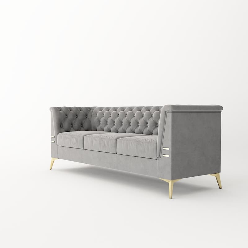 Velvet Upholstered 3-Seater Sofa Modern Living Room Couch Sofa with Deep Button Tufting Sofa and Metal Legs, Square Arms