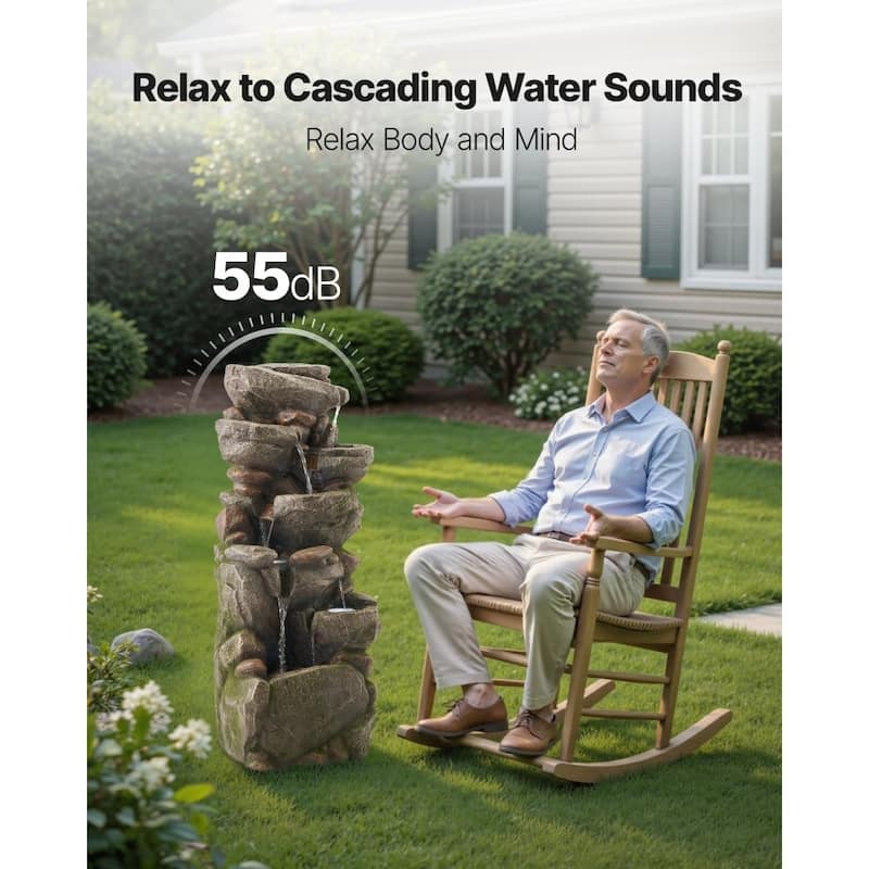 7-Tier Rock Style Yard Fountain with Soothing Water Sounds and LED Lights for Patio Decor - 14.96 x 11.42 x 38.98 in