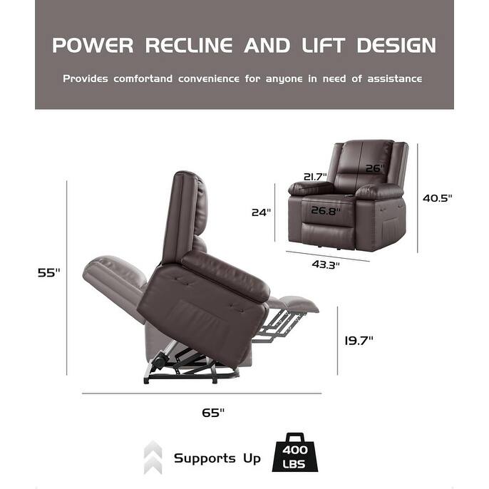Leather Power Lift Recliner with Heat & Massage, Pockets for Elderly