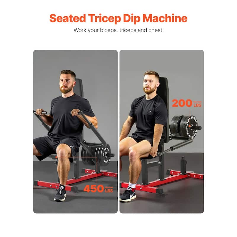 Black-Red Multi-Function Seated Dip Machine with Adjustable Grip Handles for Triceps Chest and Biceps - 55” x 27” x 51”