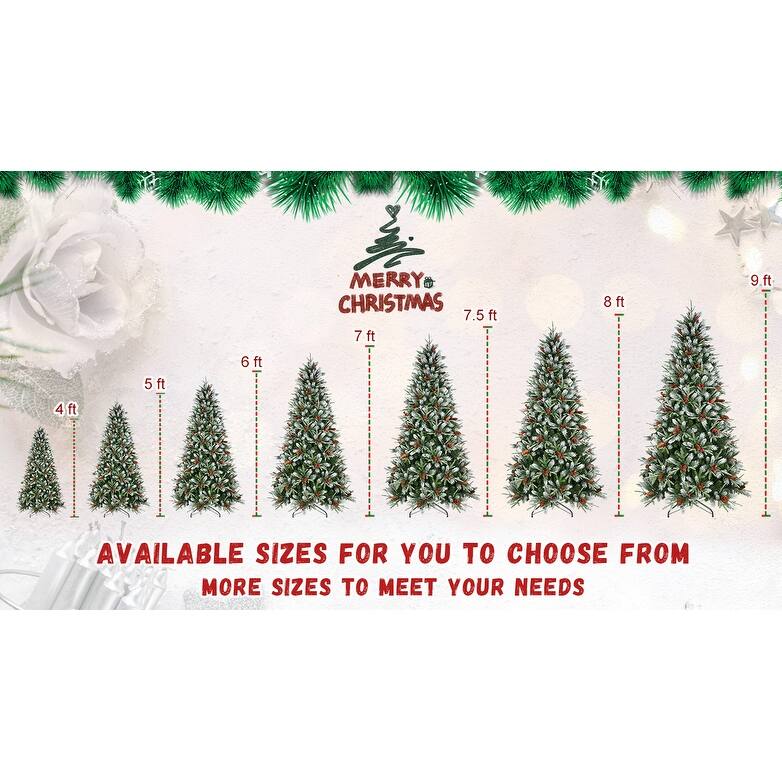 8FT Christmas Tree with 2850 Tips, Red Berries & Pine Cones - Snow-Dusted PE+PVC Branches, Hinged Design,Metal Stand