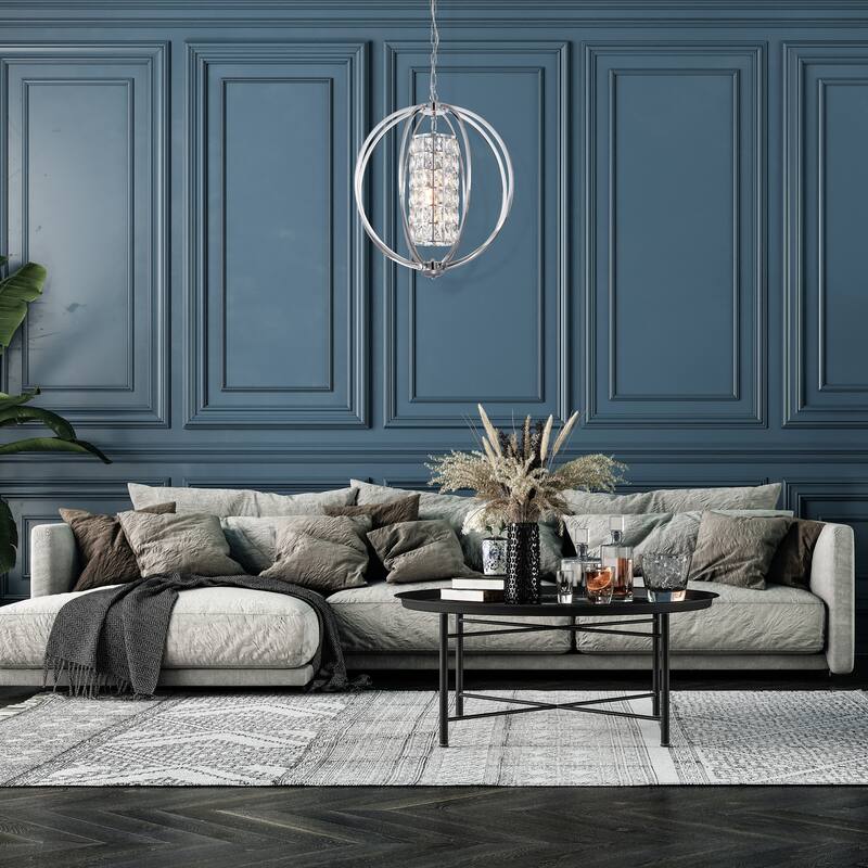 Chrome 3-Light Globe Orb Chandelier with Crystal Lined Cylinder