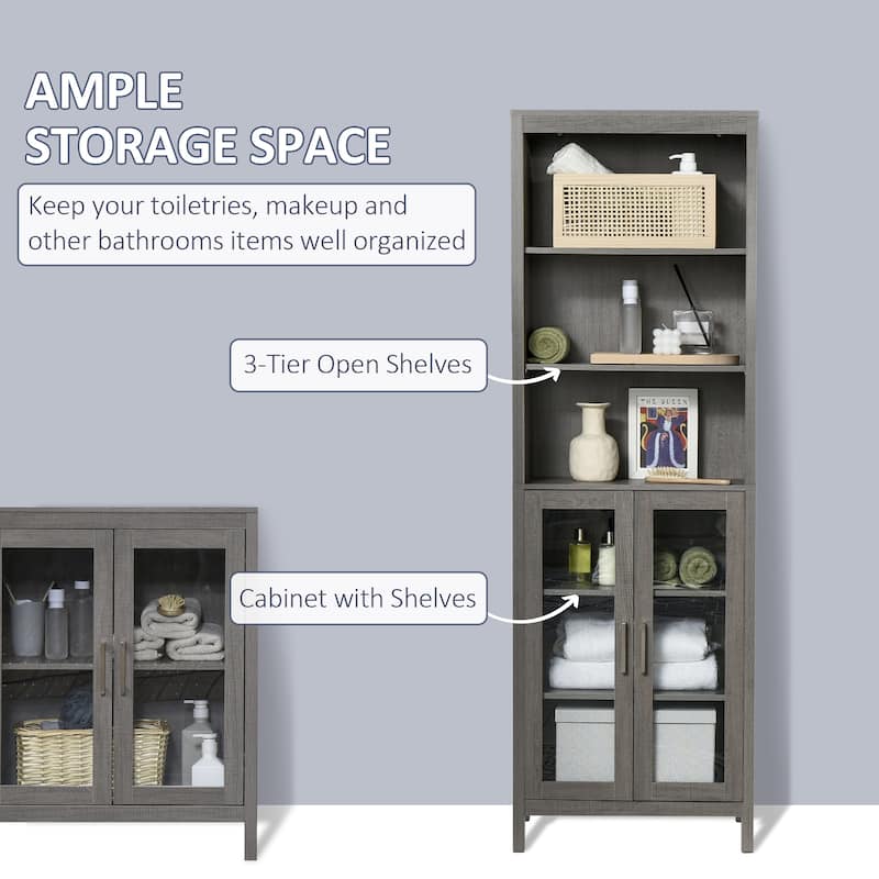 kleankin Tall Bathroom Storage Cabinet with 3 Tier Shelf, Glass Door Cupboard, Freestanding Linen Tower with Adjustable Shelves