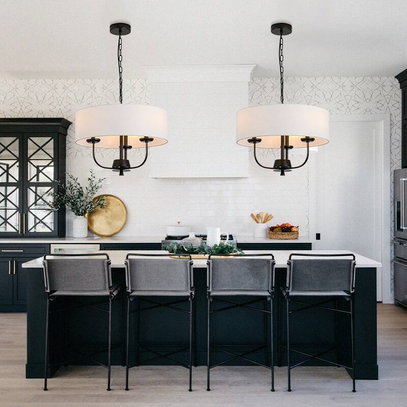 Rustic 3-Light Swoop Arm Drum Pendant with Fabric Shade - N/A