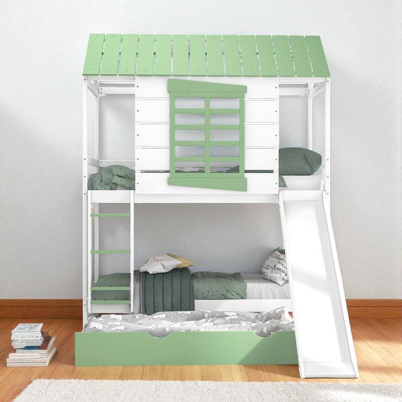 Twin over Twin House Bunk Bed with Trundle and Convertible Slide, Roof Design and Guardrails