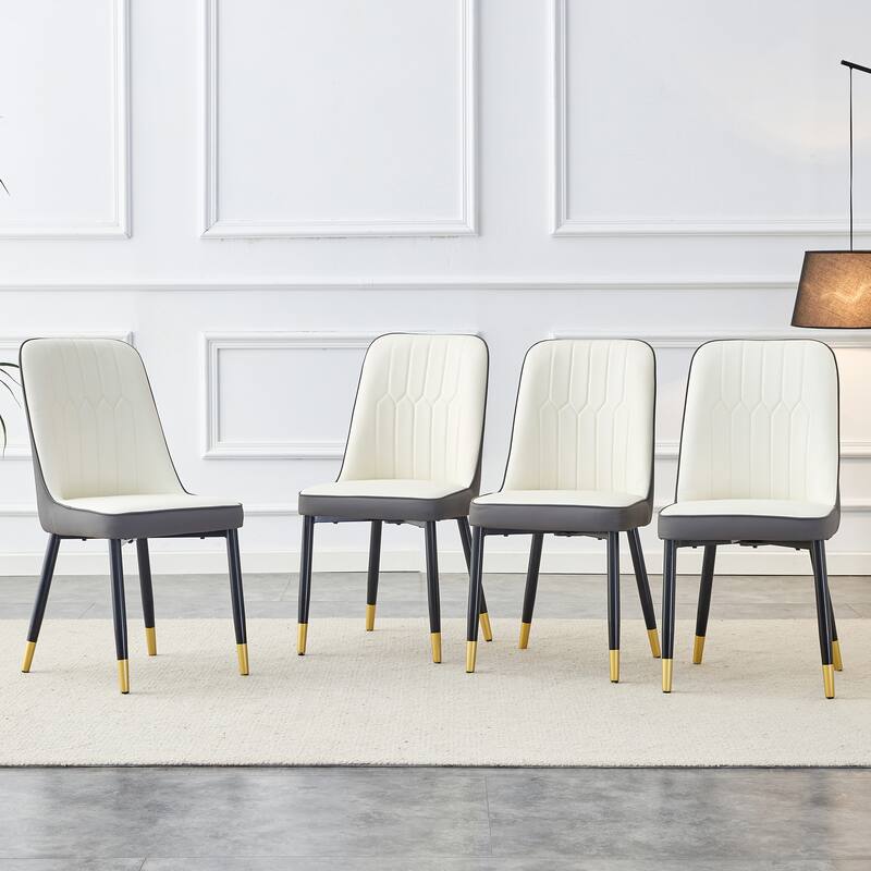 Set of 4 Modern PU Upholstered Dining Chairs with Metal Legs - White+Grey
