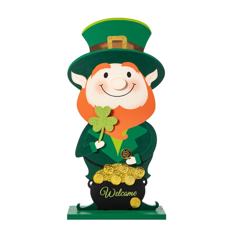Glitzhome 24"H Wooden St. Patrick's Leprechaun Pot of Gold Porch Decor