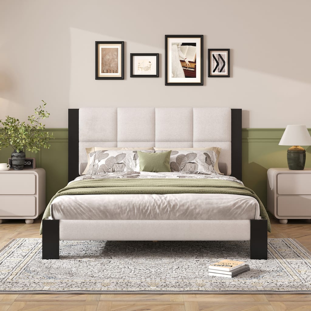 Roomfitters Queen Boucle Platform Bed Frame with Square-Stitched Headboard, Upholstered Mid-Century Modern Mattress Base, Beige
