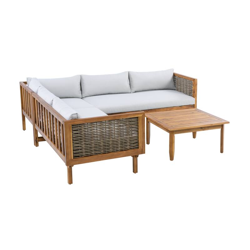 Premium Sectional Seating Group with Waterproof Cushions and Acacia Wood Frame for Outdoor Use Light Gray