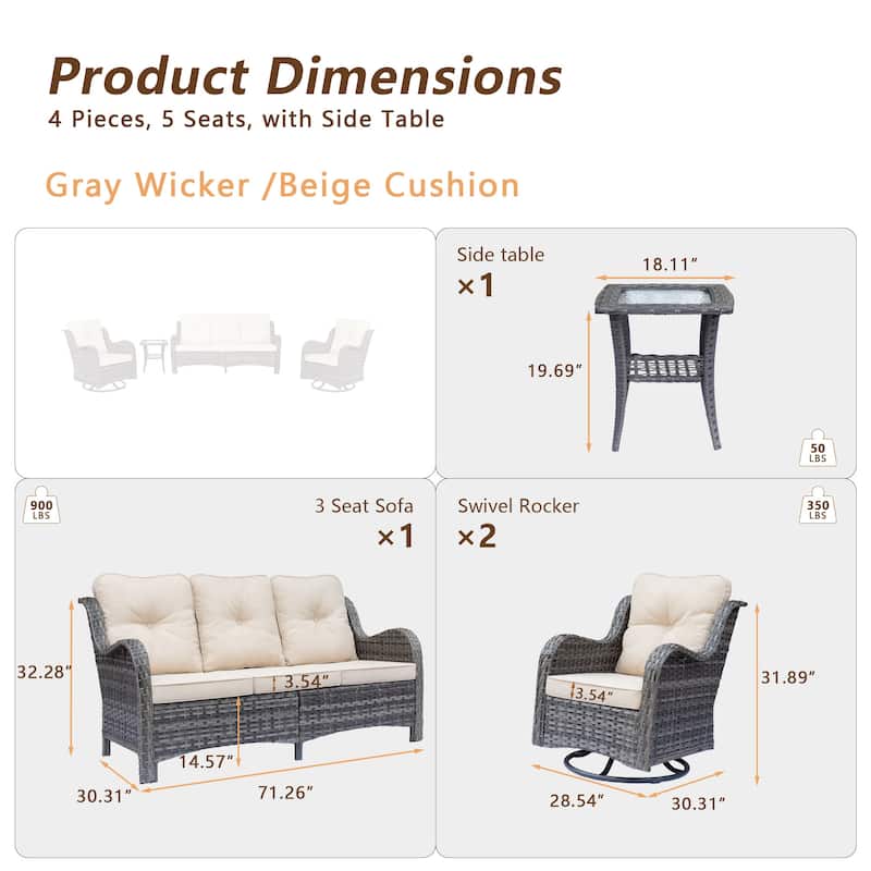 Gray Wicker Outdoor Patio Conversation Seating Sets with Swivel Chairs