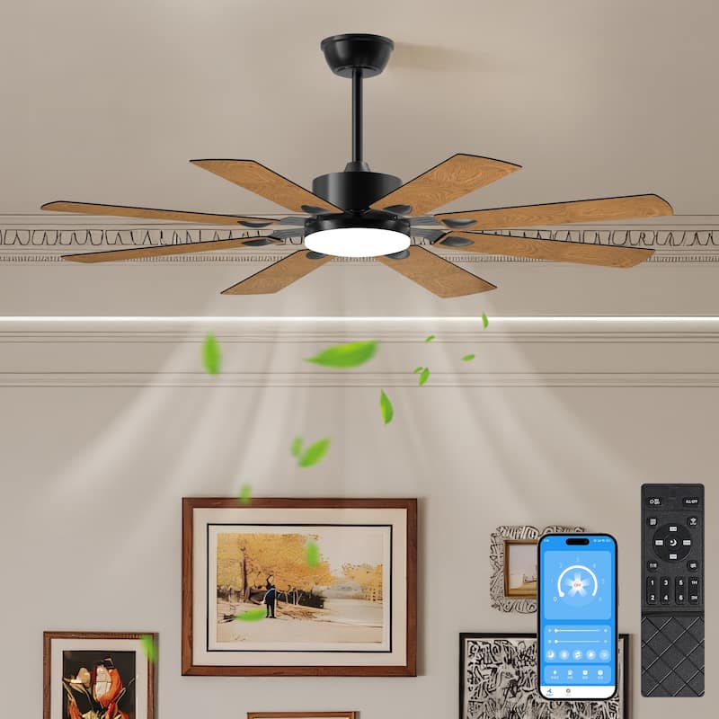 52 Inch Ceiling Fan with Lights and Remote Control, 8 Plywood Blades, 6-Speed Noiseless Reversible DC Motor - Black