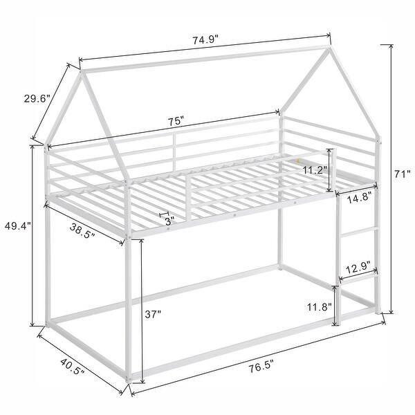 dimension image slide 0 of 2, Elegant Style and House Metal Bunk Bed with Sturdy Frame, Built-in Ladder and Slide, Twin over Twin
