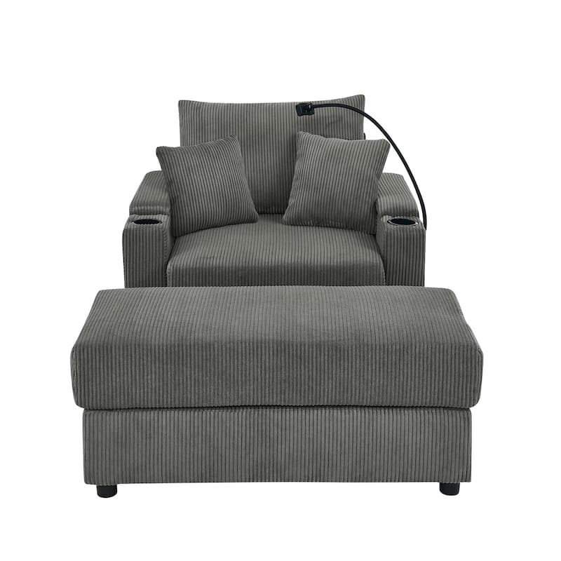 Corduroy Sofa Accent Chair & Ottoman Set, Single Chaise Lounge Couch with Storage Armrests, Cup Holders and Phone Stand