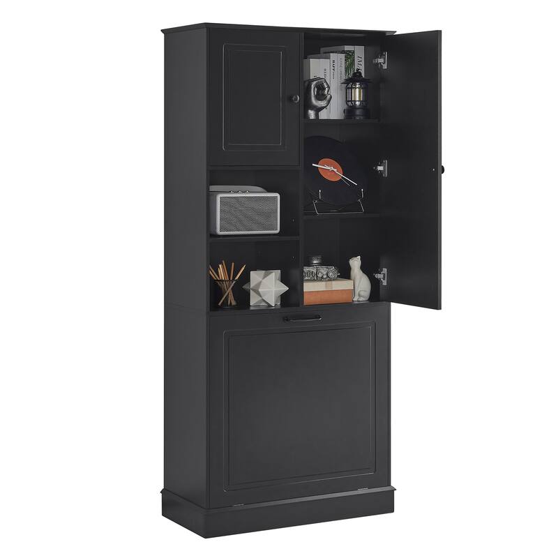 Tall Storage Cabinet with Adjustable Shelves, Large Flip-Out Basket & Enclosed Cabinets