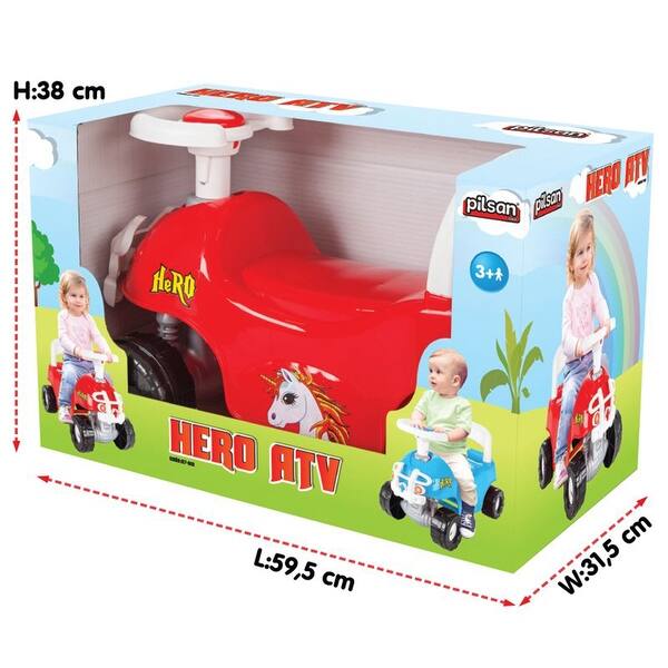 dimension image slide 1 of 2, Pilsan Hero ATV Pedalless Ride On Kids Toy w/ Horn for Ages 36 Months & Up, Red - 11.72