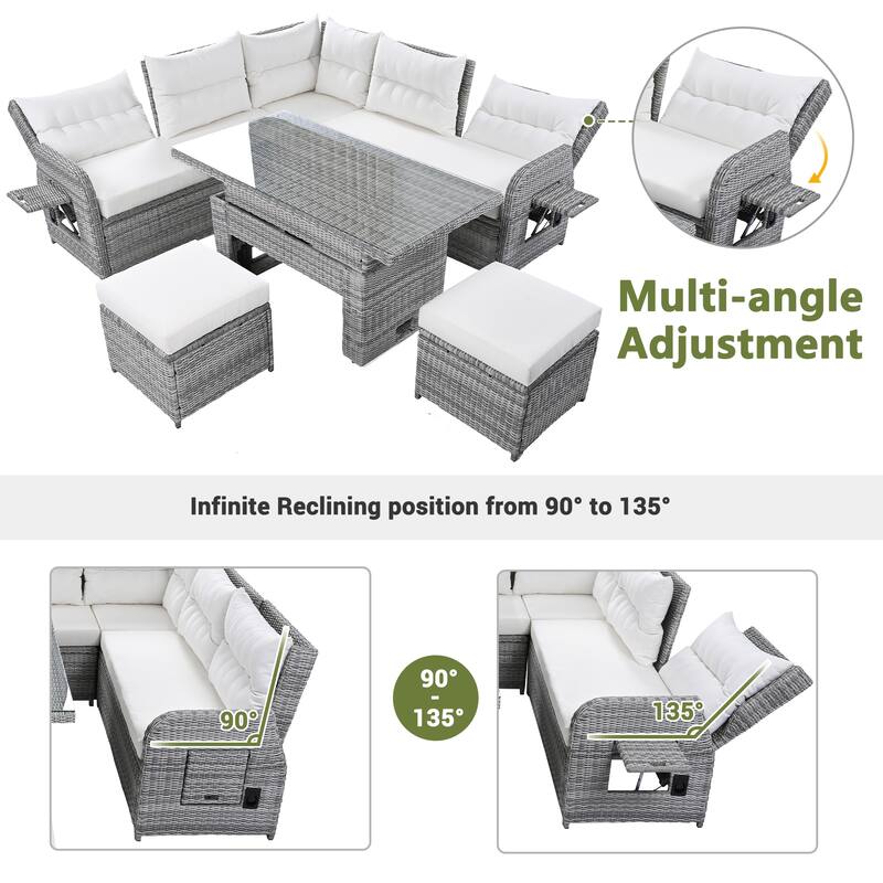 Outdoor Furniture Set Patio Rattan Furniture Set with an Adjustable Table, Recliners with Extendable Side Tables, Two Ottomans