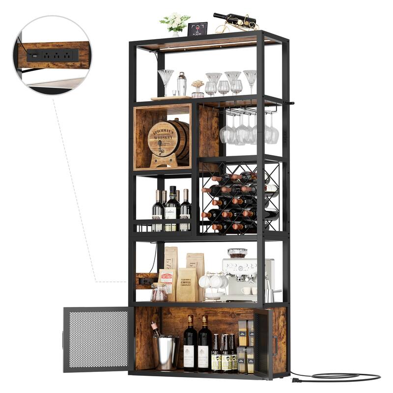 82.6" Tall Wine Cabinet with Glass Holder & Wine Rack，6-Tiers Liquor Storage Cabinet with LED Lights ＆ Charging Station