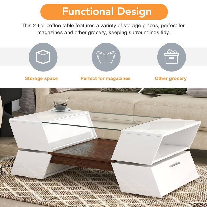 Double-Layer Coffee Table with Open Shelves, Geometric Cocktail Table with Storage, Glass-Top Center Table for Living Room
