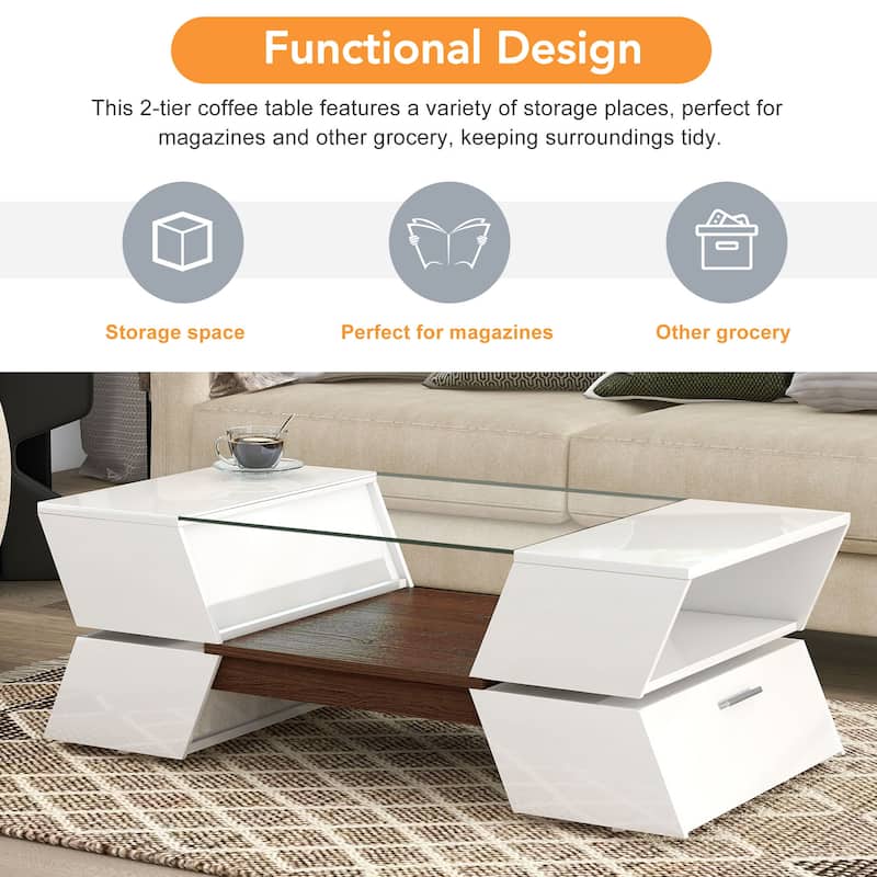 Roomfitters Glass-Top Coffee Table with Open Shelves and Cabinets, Modern 2-Tier Center Table with Storage for Living Room