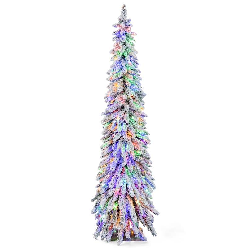 Gymax 4/5/6 FT Pre-Lit Artificial Christmas Tree Snow-Flocked Slim