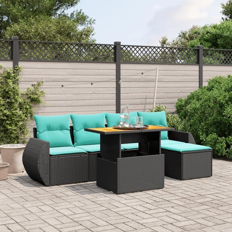 vidaXL Patio Sofa Set with Cushions Outdoor Furniture 6 Piece Poly Rattan - Black - 21.7 x 24.4 x 27.2