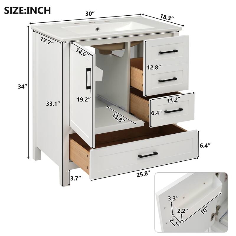 30" Modern Bathroom Vanity Set with Ceramic Sink - Soft-Close Doors & 3 Drawers, Storage Cabinet with Removable Tray