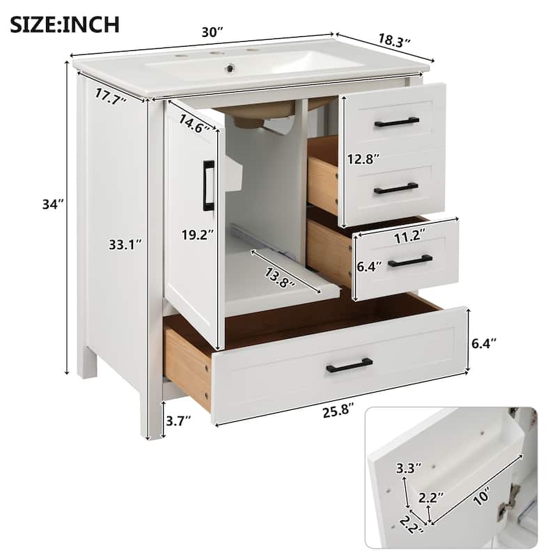 30" Solid Wood Frame Bathroom Vanity Cabinet with Ceramic Basin, White - 30 Inch