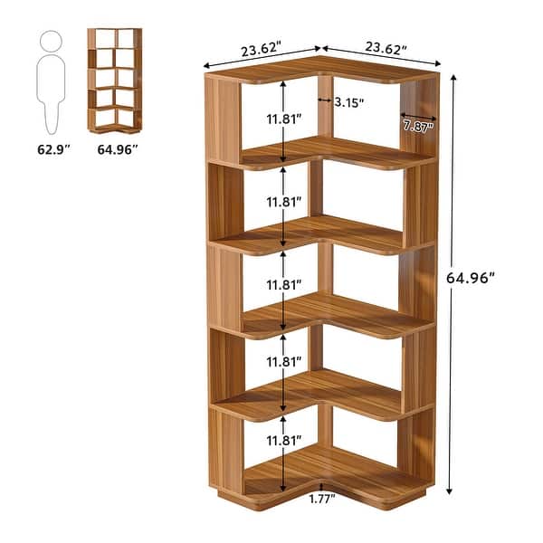 dimension image slide 2 of 6, 6-Tier Corner Bookshelf, 64.9 Inch Industrial Bookcase with Baffles