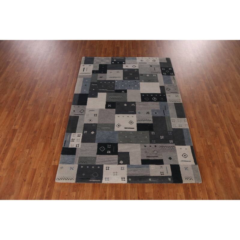 Geometric Gray Gabbeh Indian Area Rug Hand-Tufted Wool Carpet - 5'3" x 7'7"