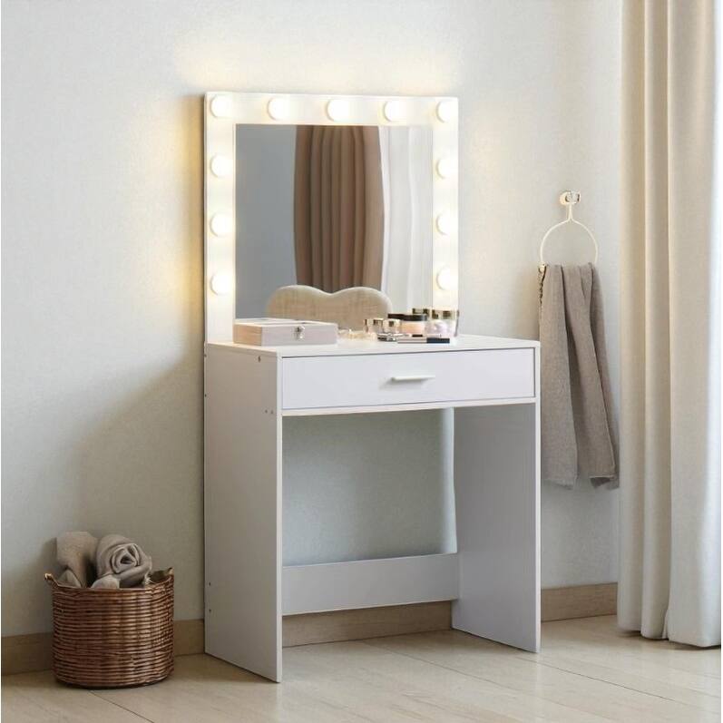 Makeup Vanity Desk with Mirror and LED Lights, Large Drawer, Adjustable Brightness and Storage Shelf