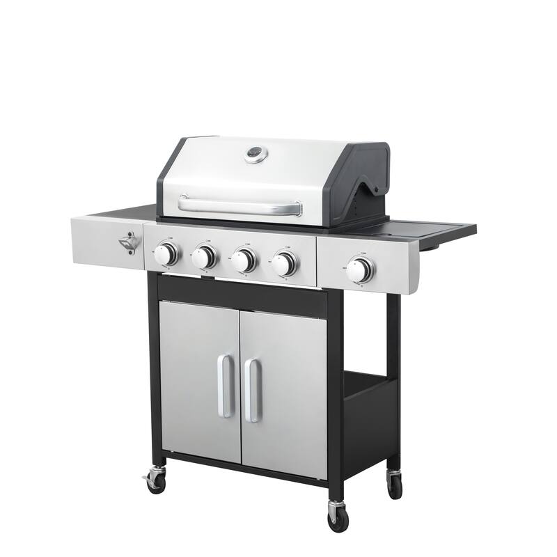4-Burner Propane Gas BBQ Grill with Side Burner, 46790 BTU Output With Enameled Cast Iron Cooking Grids For Outdoor Barbecue
