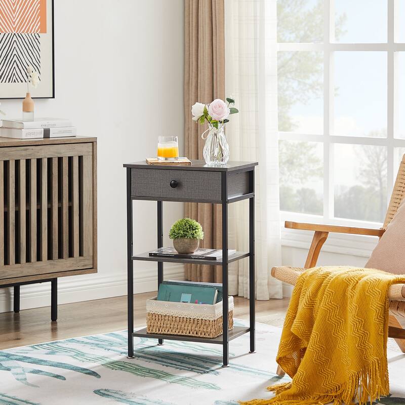 VECELO Modern Nightstand with Drawer & Open Shelves Slim Design for Small Spaces End Table with MDF & Rotating Floor Protectors