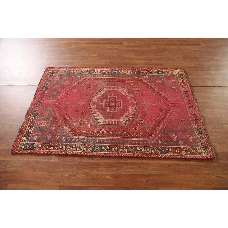 Tribal Qashqai Persian Antique Area Rug Hand-knotted Wool Carpet - 3'4"x 4'10"