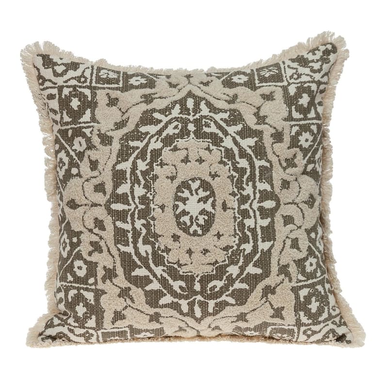 HomeRoots 18" Beige And Brown Geometric Cotton Blend Throw Pillow with Fringes And Texture - Beige