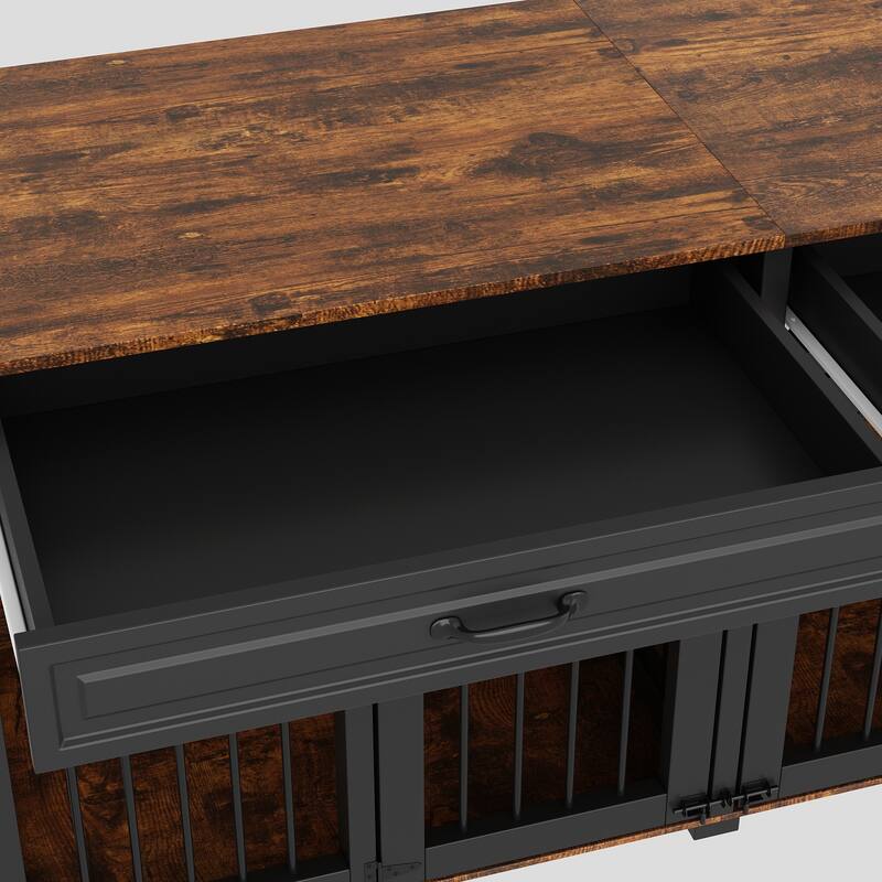 Furniture Style Double Dog Crate with Drawers, 64.6" Wooden Pet Kennel End Table, Removable Divider, Heavy Duty Metal Bars