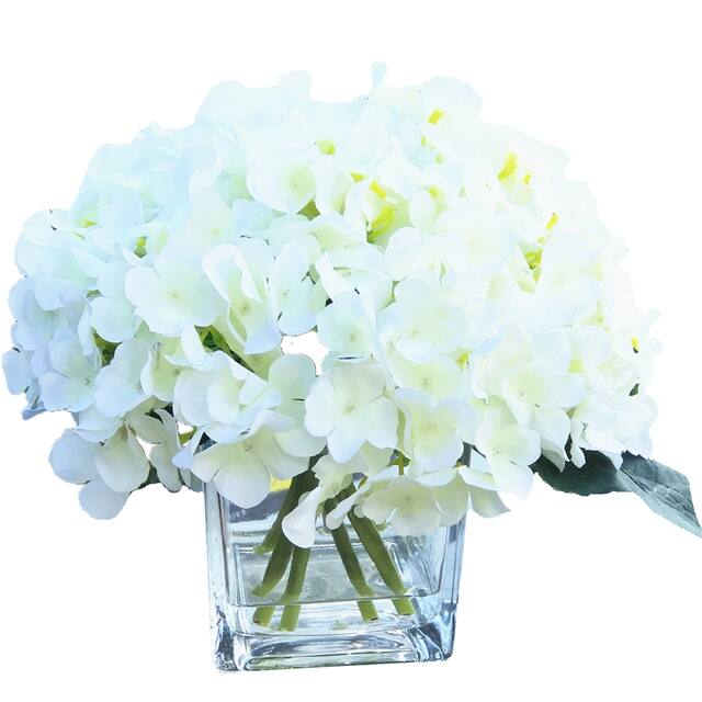 Enova Home Cream Artificial Silk Hydrangea Fake Flowers in Clear Cube Glass Vase with Faux Water for Home Wedding Office Decor