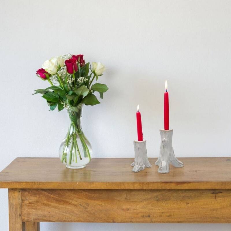 White Ceramic Tree Stump Candlestick Set of Two Rustic Home Decor