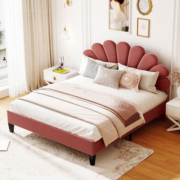 slide 2 of 22, Queen Size Upholstered Platform Bed with Velvet Flower Pattern Headboard Bean paste red - Queen