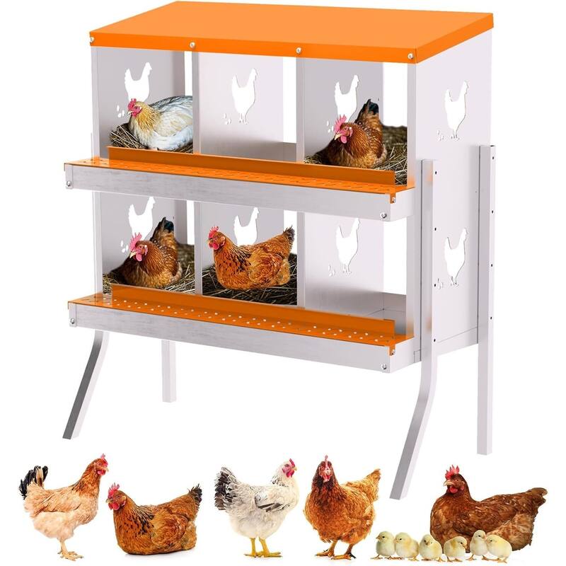 6 Compartment Metal Chicken Nesting Box, Laying Box for Hens Ducks Rabbits, Orange - Orange with Legs