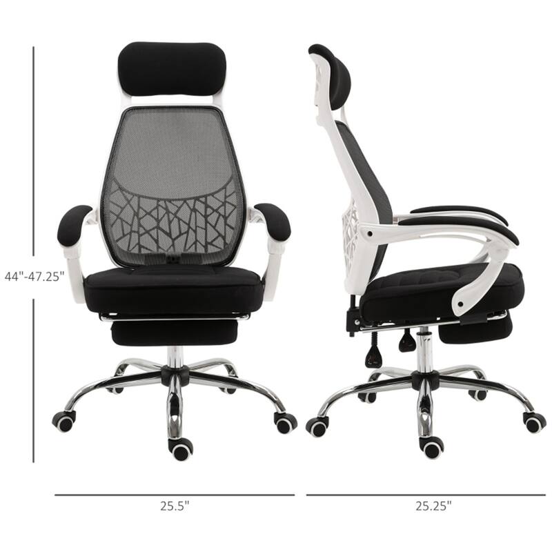 Black and White Ergonomic High Back Office Chair Mesh Fabric Reclining with Footrest - 25.5" x 47.25"