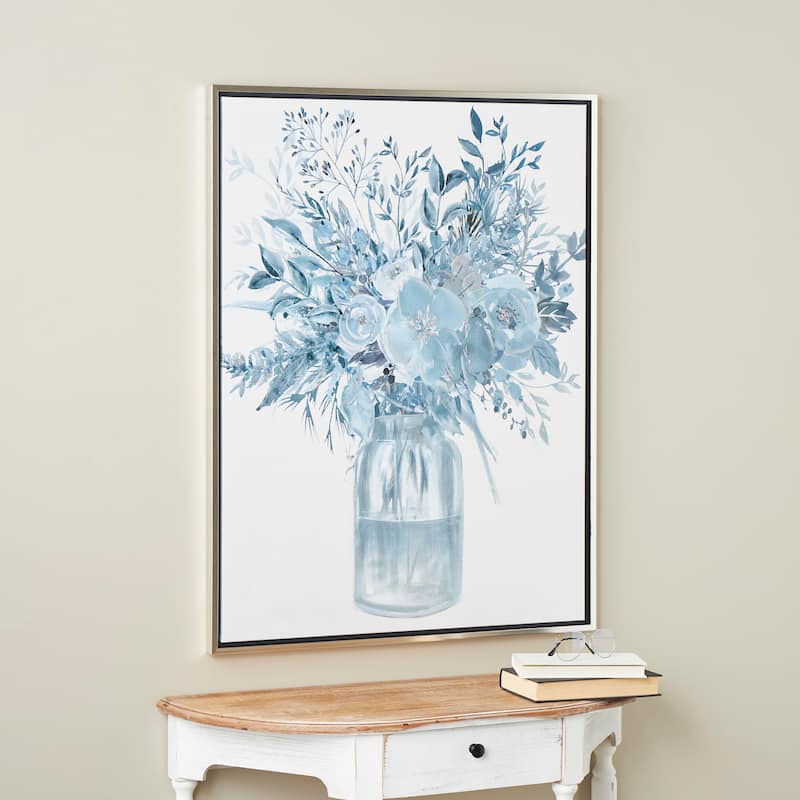 Canvas Floral Bouquet Framed Wall Art with Silver Frame - Blue - Roche River Decor