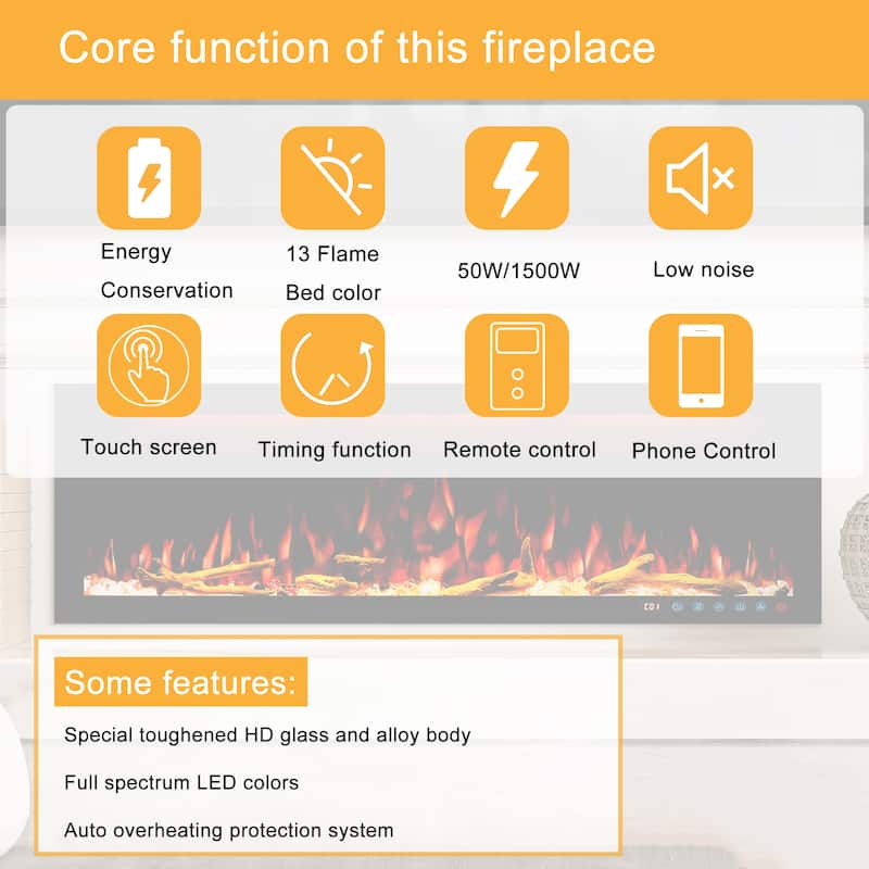 Smart 50” WiFi-Enabled Electric Fireplace, in-Wall Recessed