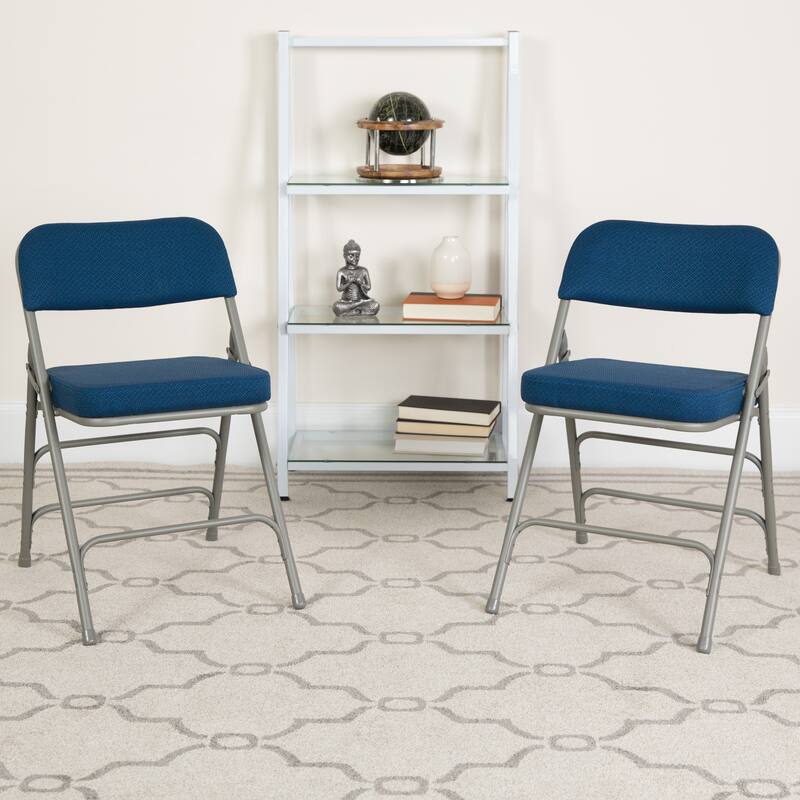 4 Pack Curved Triple Braced & Hinged Fabric Upholstered Metal Folding Chair - Navy